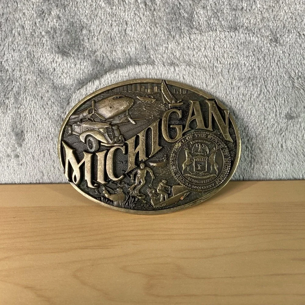 Vintage ADM Michigan State Belt Buckle First Edition Solid‎ Brass Award Design